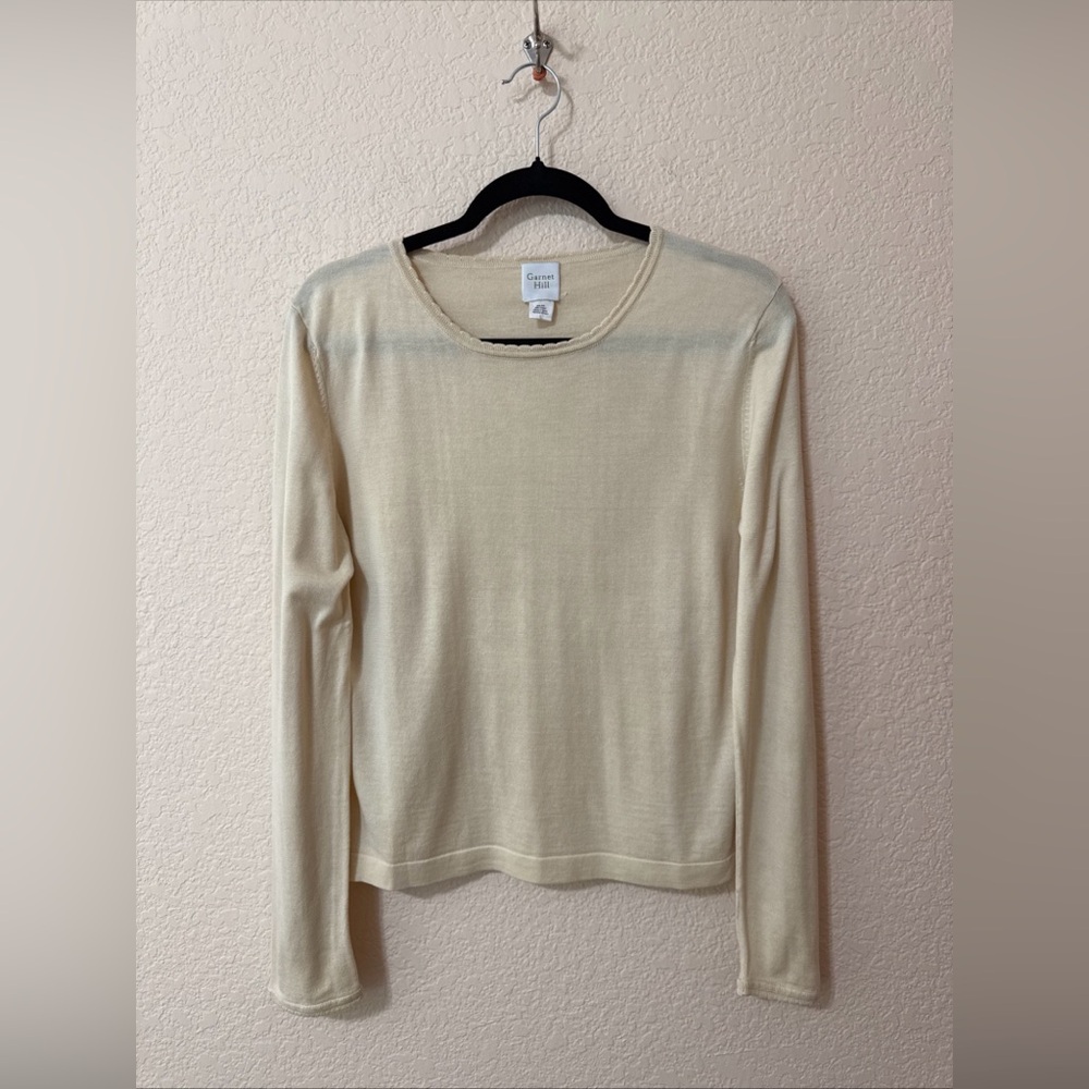 Garnet Hill Silk Cotton Lightweight Sweater Scallop Hem Ivory Sz L Minimalist